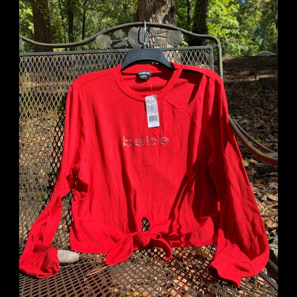 Bebe Logo Thermal Tie Waist Top Cherry Red Size L - Picture 2 of 9
